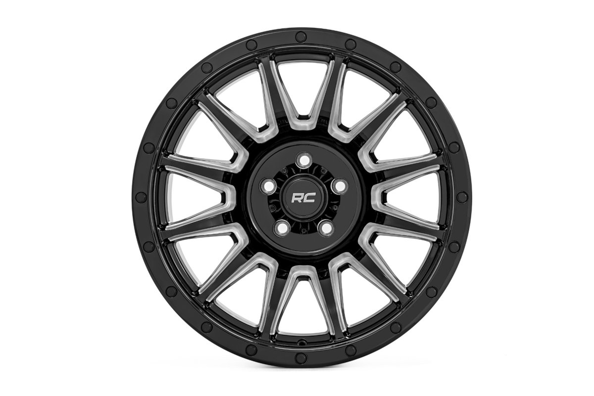 Wheel - Rough Country - 90 Series, 20x10, 6x5.5, -19mm Offset, Single-Piece Aluminum, Multi-Spoke Design - Gloss Black with Machined Spokes